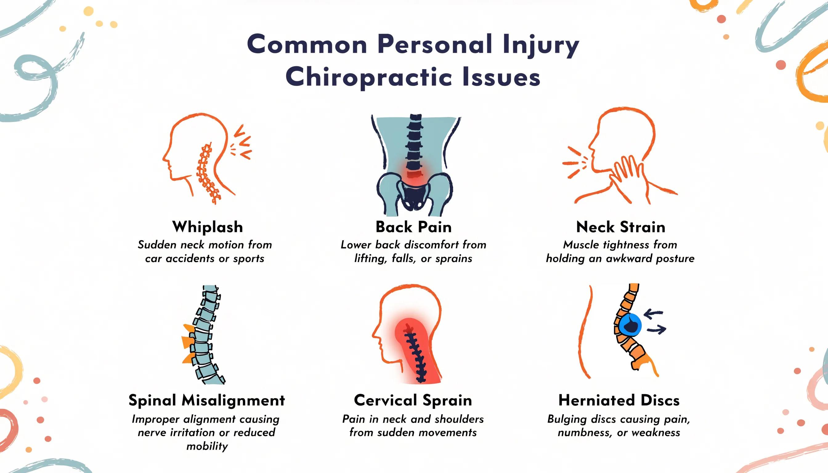 Visual representation of common injuries treated by personal injury chiropractors, highlighting whiplash and back pain