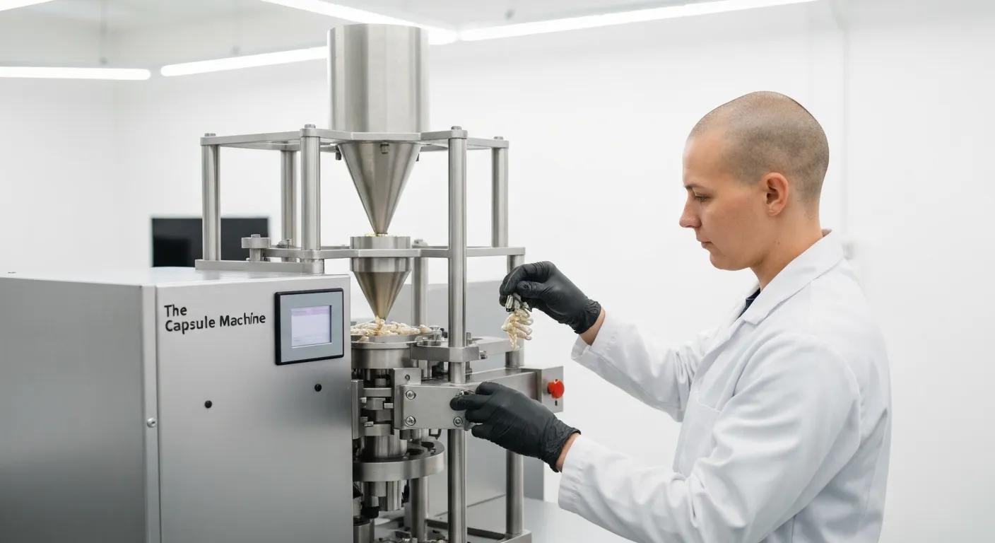 Worker filling empty vegan capsules with The Capsule Machine in a clean workspace