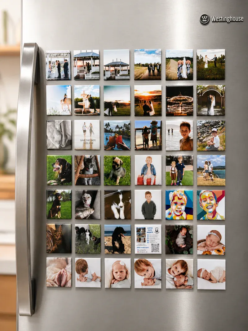 Family gathering around a refrigerator with colorful custom fridge magnets reflecting personal moments