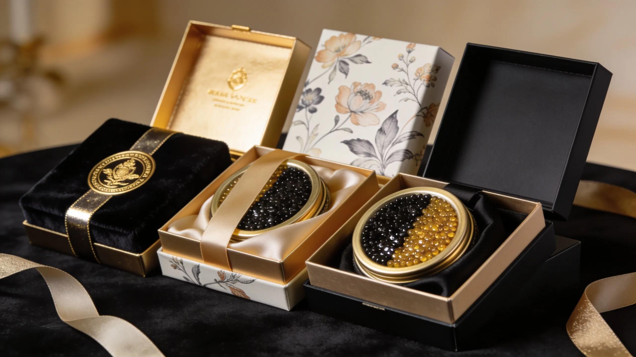 An assortment of premium caviar gift boxes elegantly displayed, representing quality and luxury for UK delivery