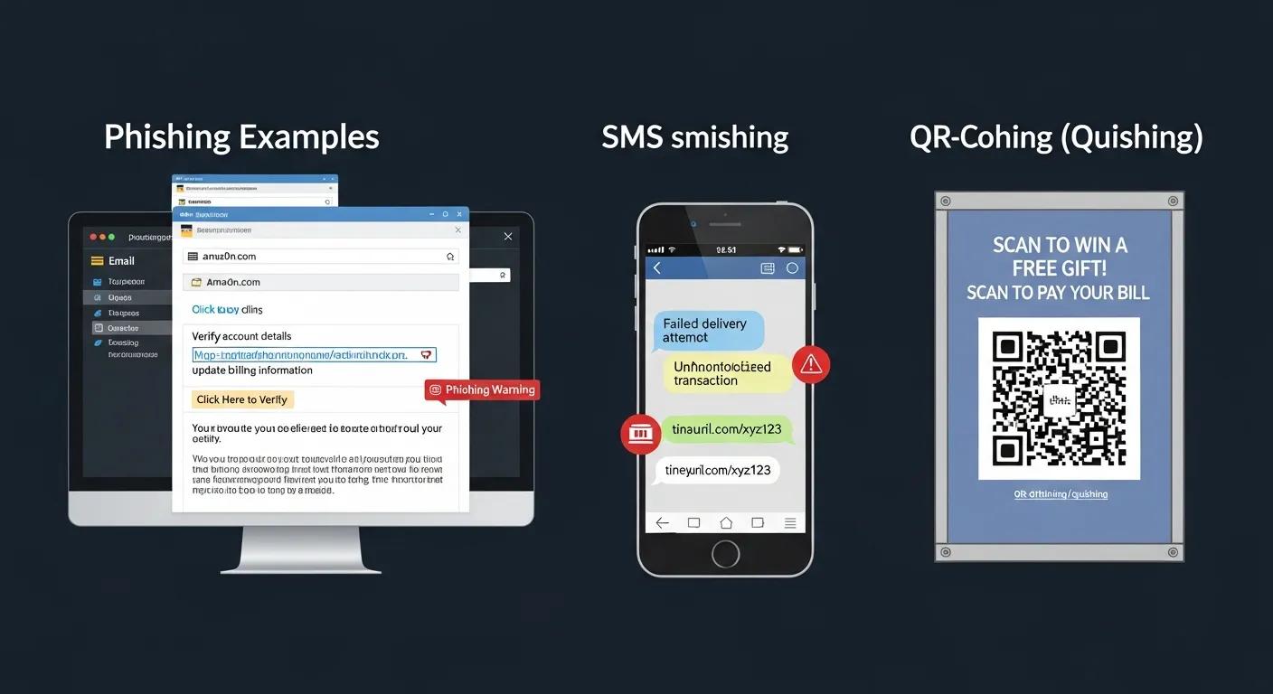 Illustration showing email phishing, SMS phishing, and QR-code phishing examples