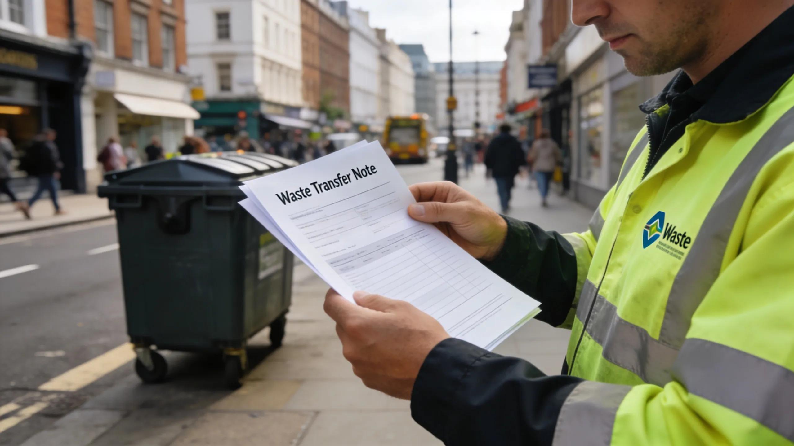 Professional waste collector reviewing compliance documents in London, highlighting UK waste disposal regulations Professional waste collector reviewing compliance documents in London, highlighting UK waste disposal regulations