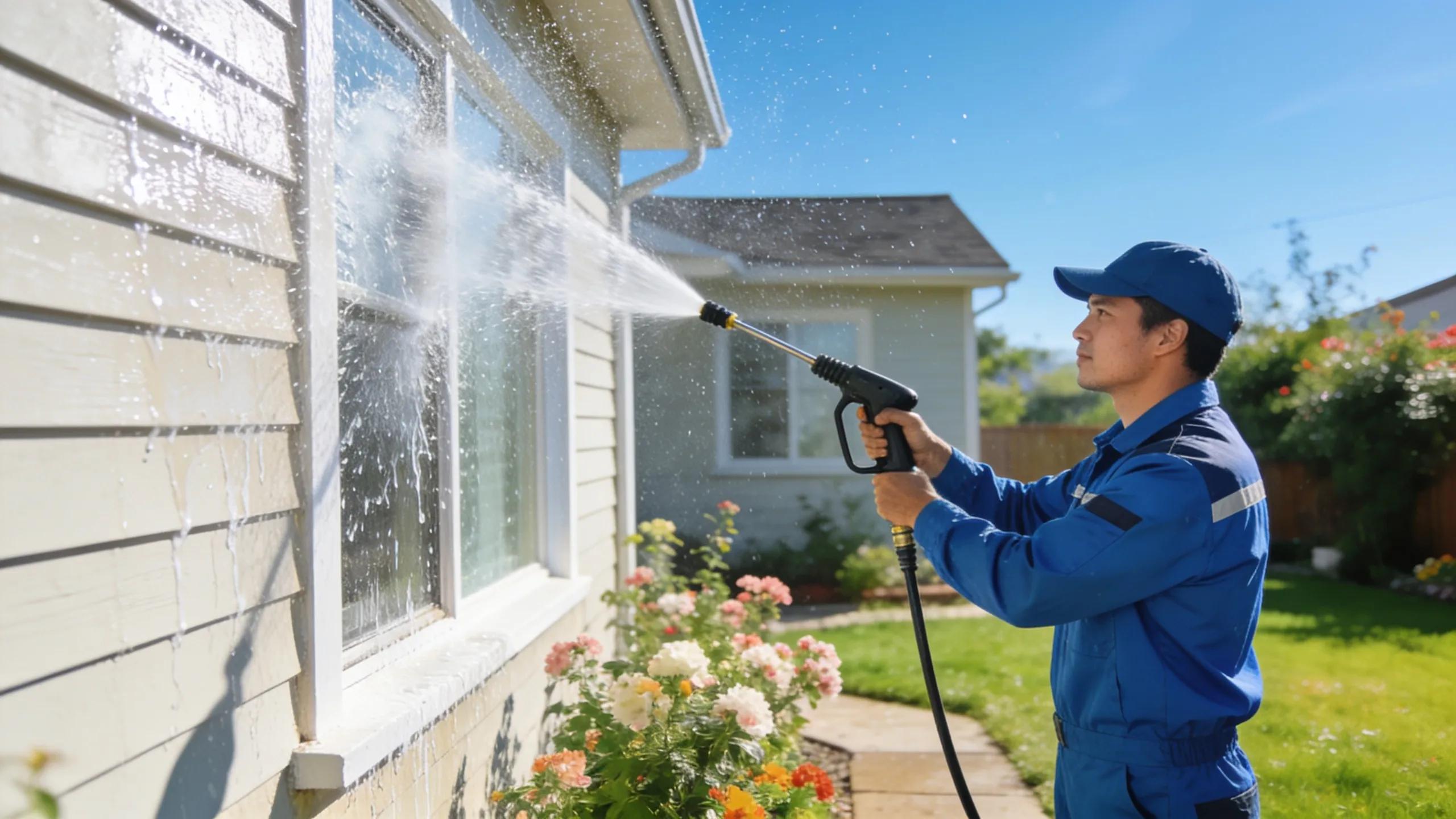 Technician in safety gear using pressure washer for house washing