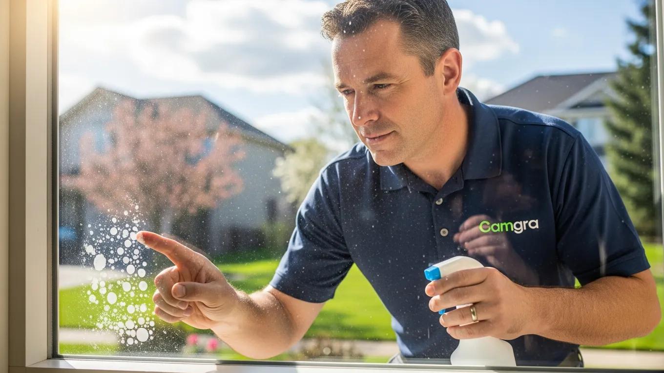 Local window cleaning expert inspecting a window for hard water stains and pollen accumulation