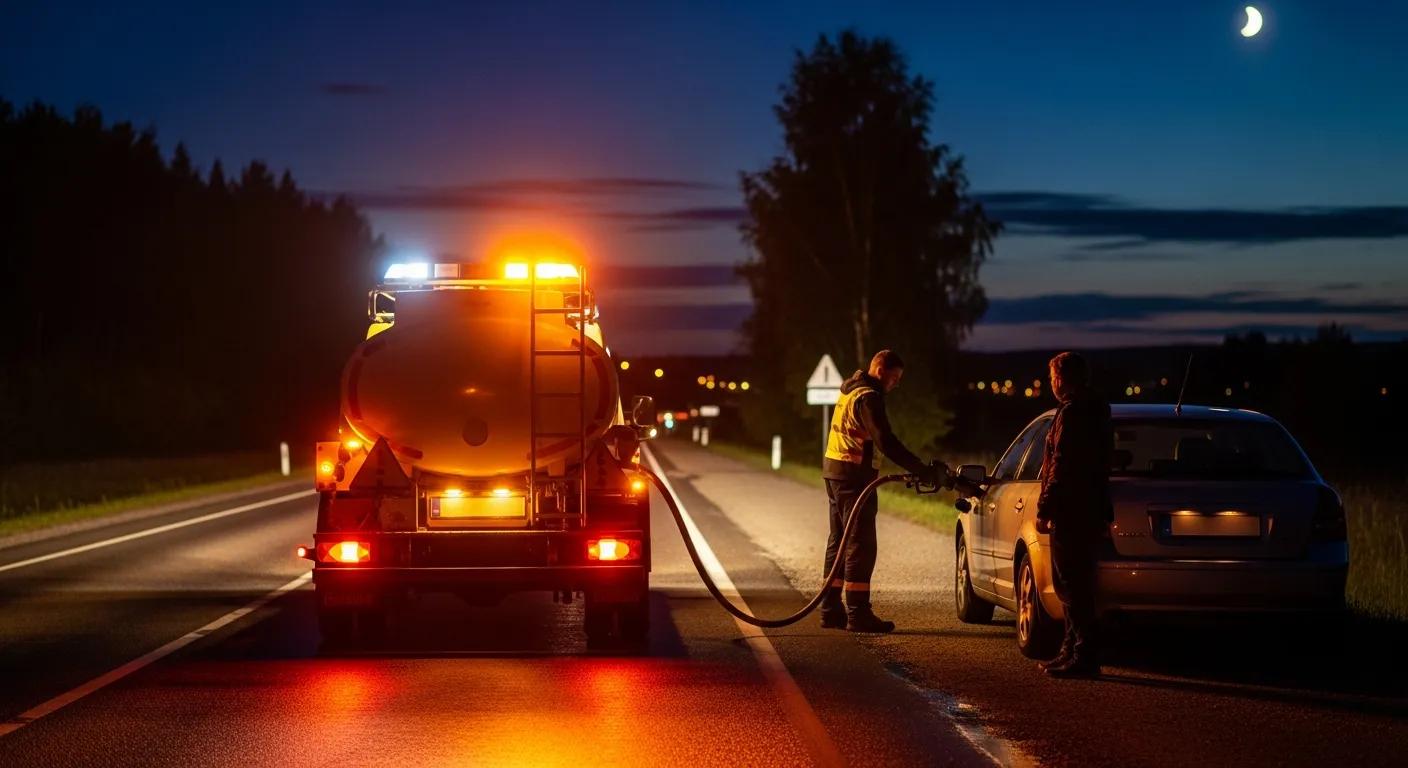Emergency fuel delivery vehicle assisting a stranded motorist at night