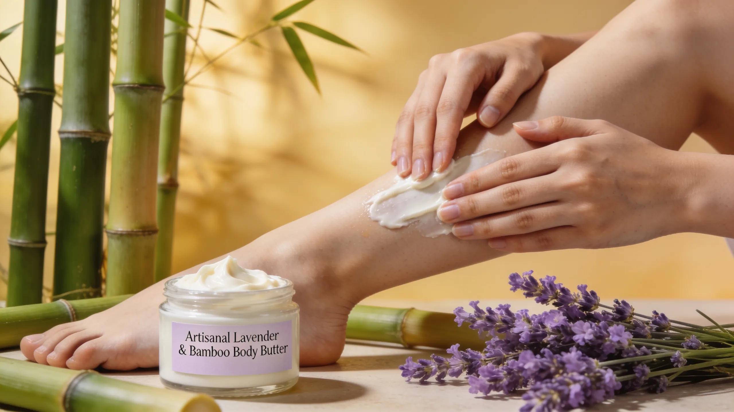 Close-up of hands applying handmade body butter, surrounded by natural elements, highlighting the benefits of artisanal skincare