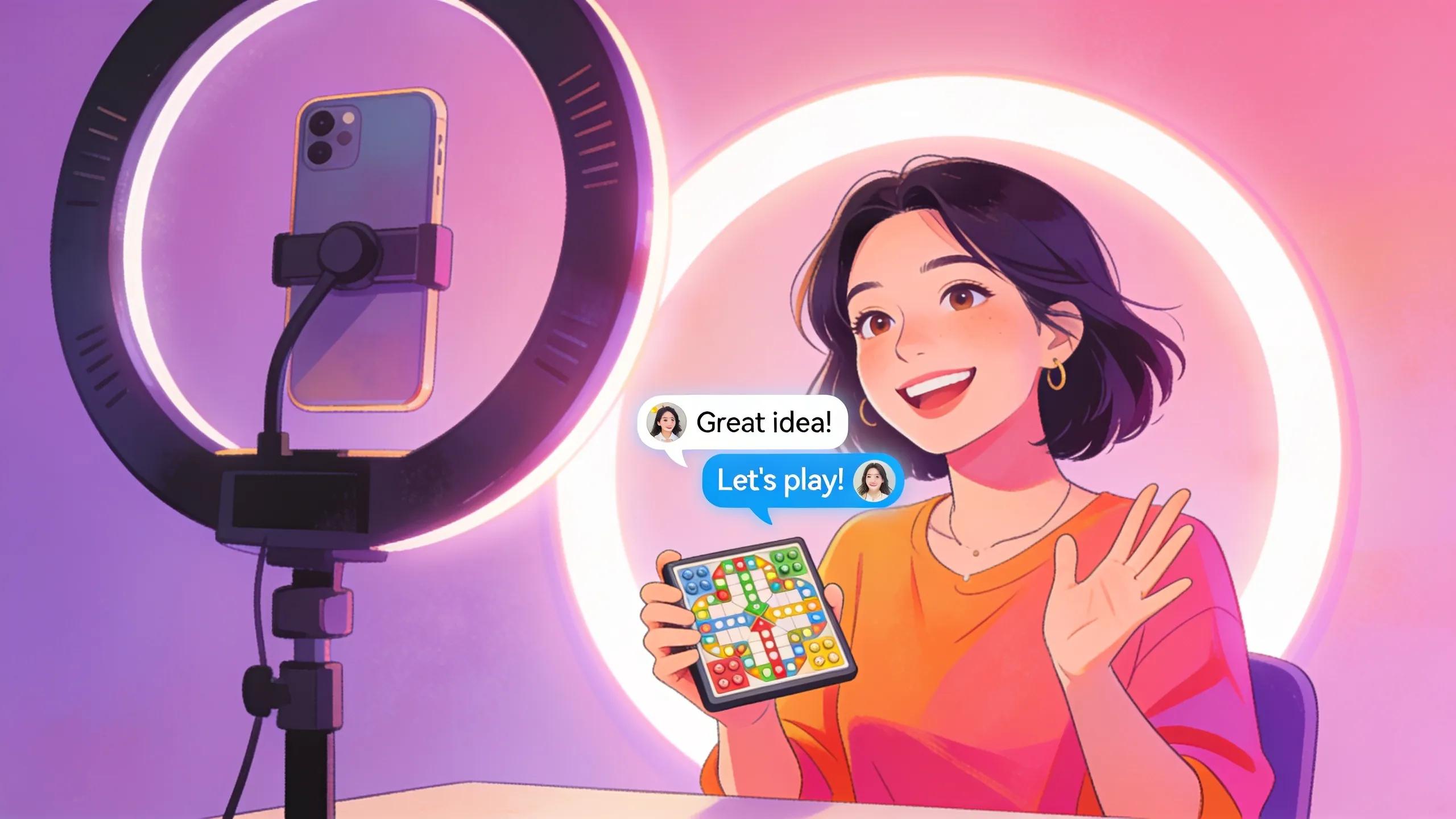 Woman engaging audience during a live social media session, showcasing interactive content