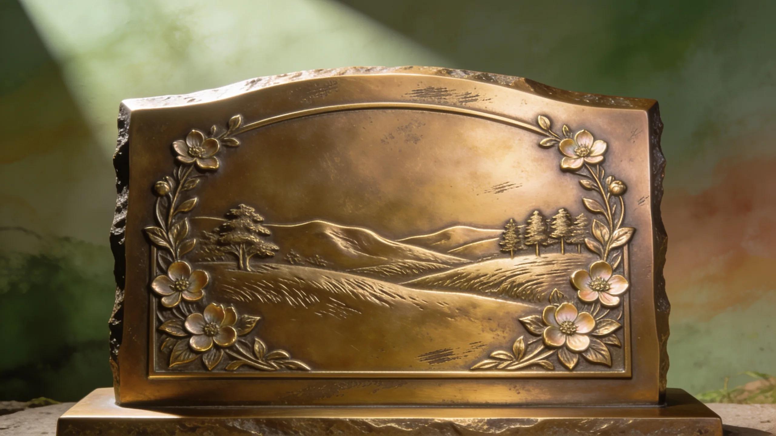 Detailed bronze memorial plaque with intricate engravings representing personalization and remembrance