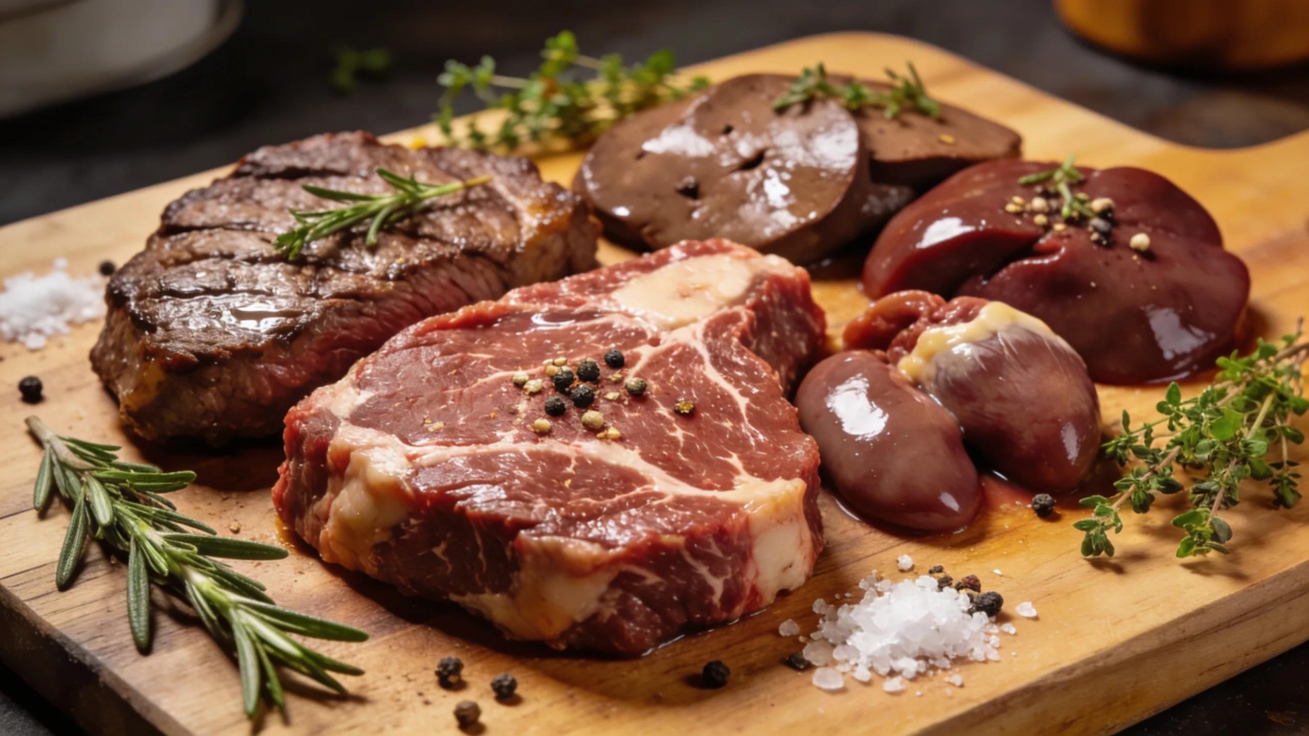 Close-up of grass-fed beef steak and organ meats showcasing nutritional richness