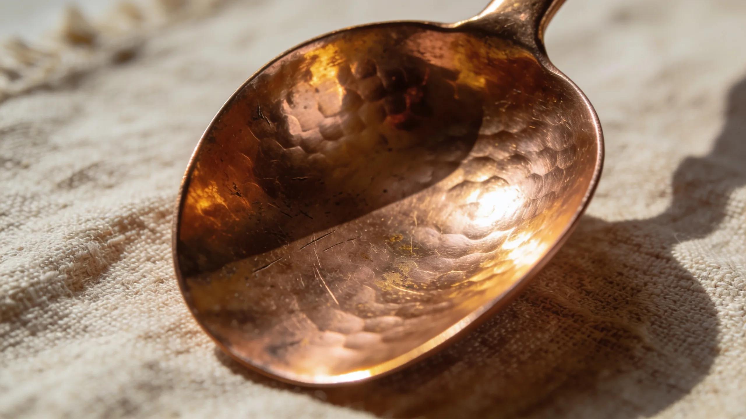 Close-up of hand-hammered texture on Sertodo Copper Scoop illustrating artisanal quality