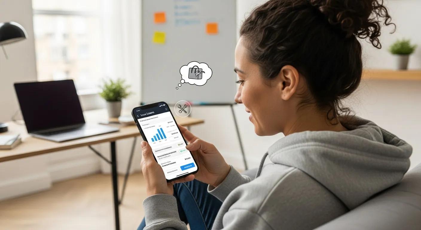 Person using a smartphone to manage payday loan account features, with a focus on financial data display, in a home office setting.