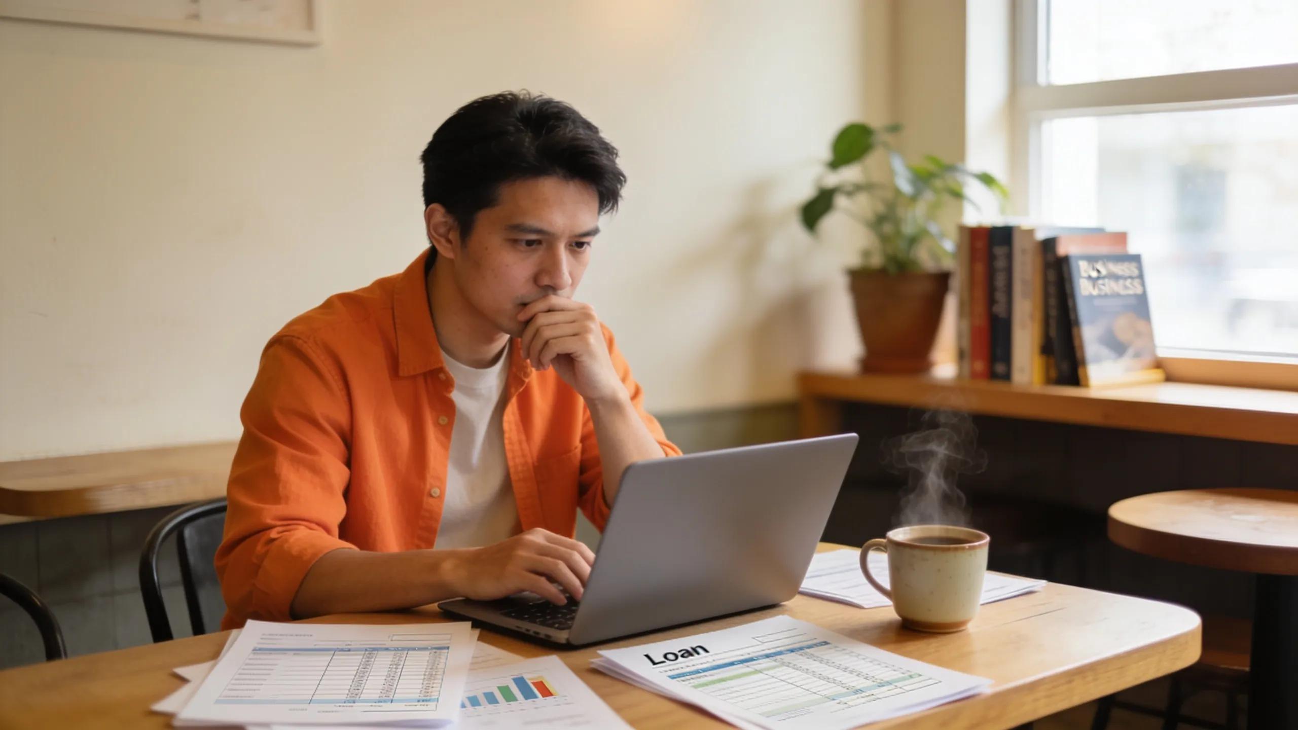 Small business owner reviewing finances in a cozy coffee shop