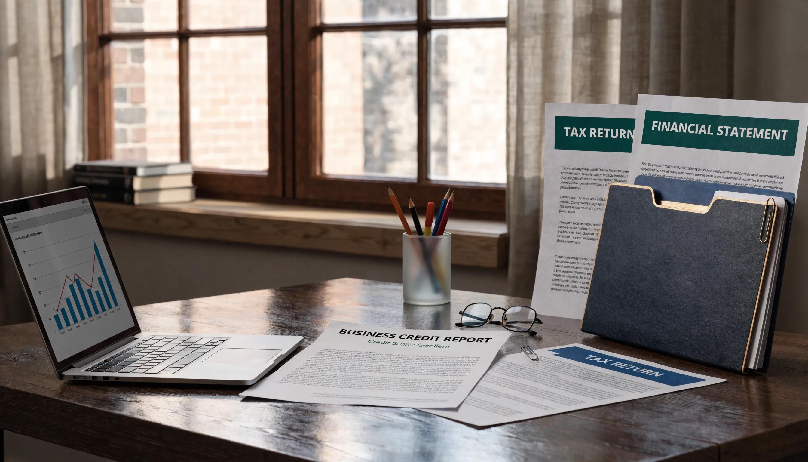 Close-up of loan paperwork and a laptop showing financial statements