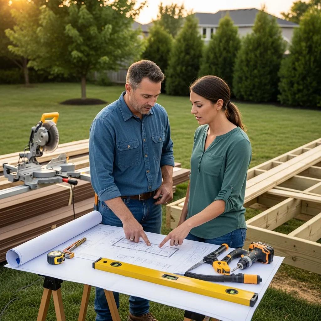 Deck builder consulting with homeowner about design options in a backyard