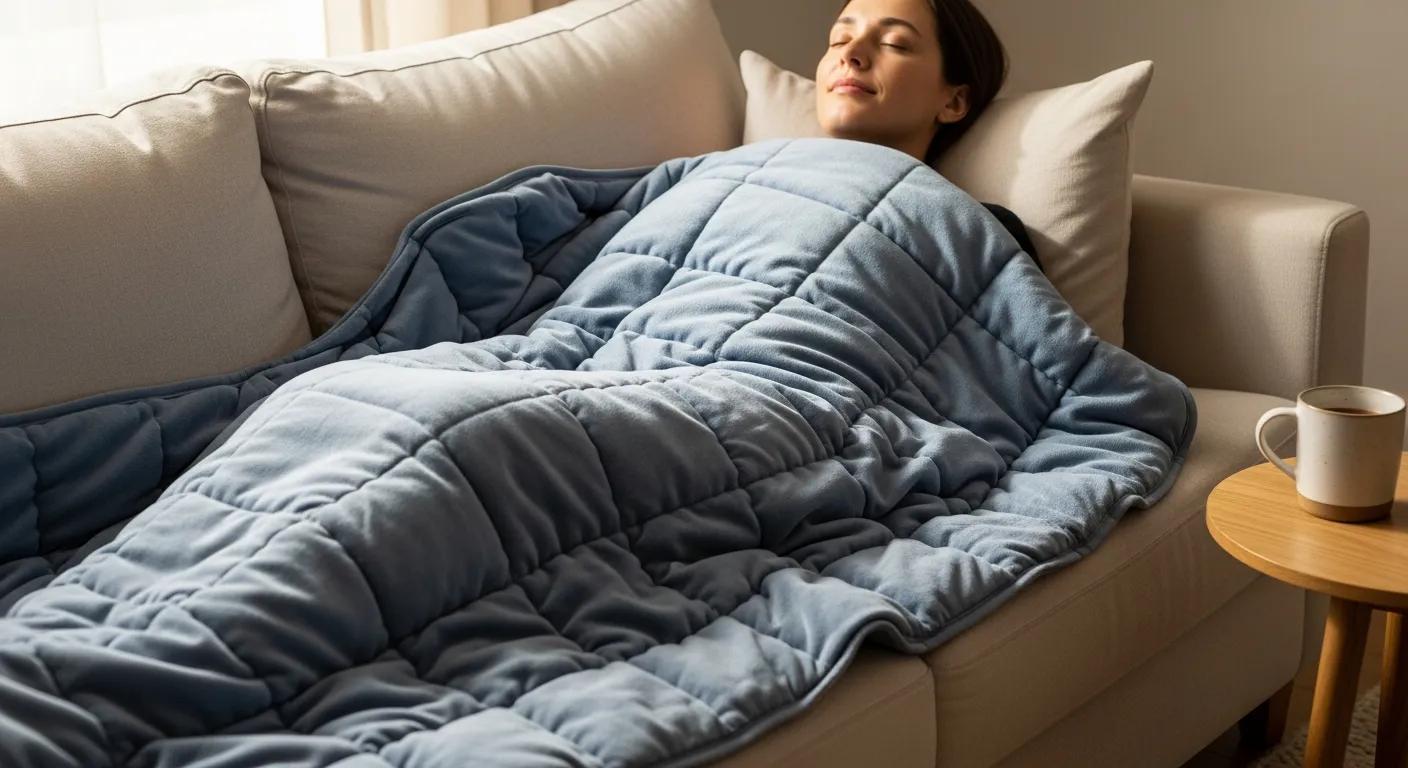 Person relaxing under a weighted blanket to demonstrate deep pressure stimulation and comfort
