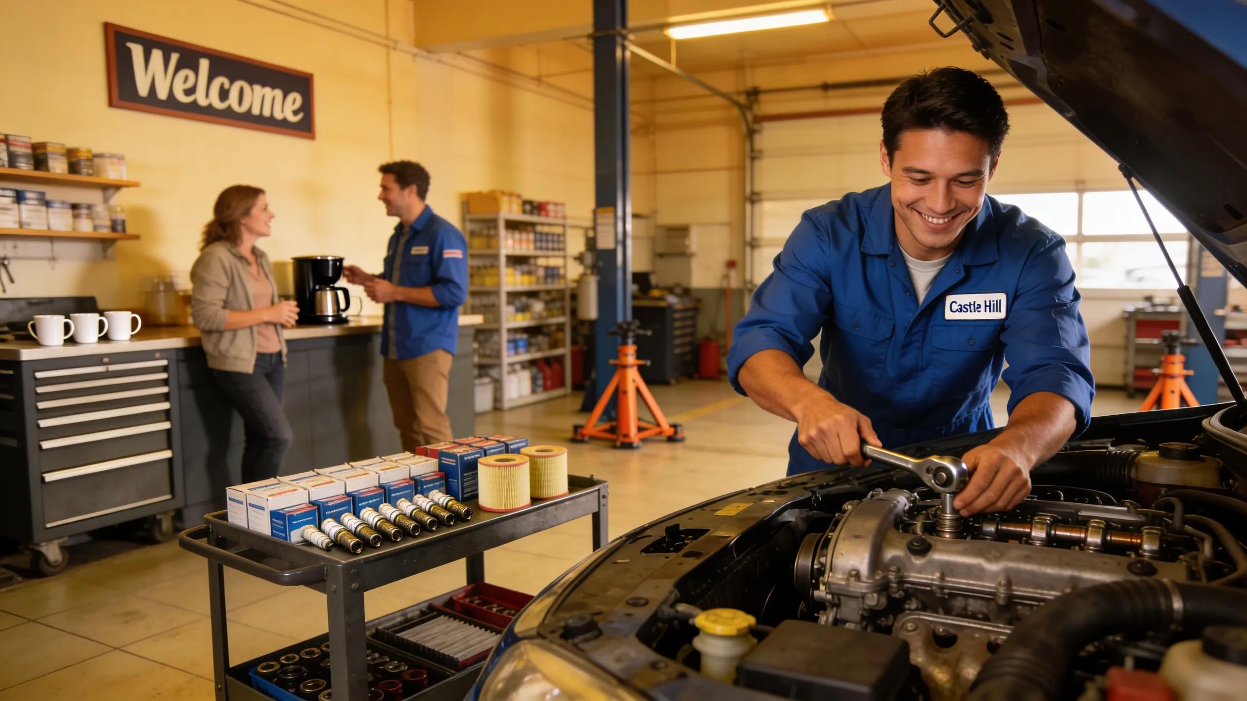 Family-run mechanic in Castle Hill with a mechanic servicing a vehicle surrounded by tools and equipment