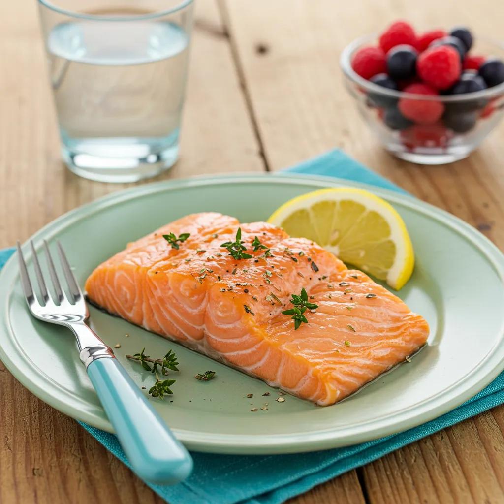 Delicious serving of salmon garnished with herbs and lemon, emphasizing omega-3 fatty acids for brain growth