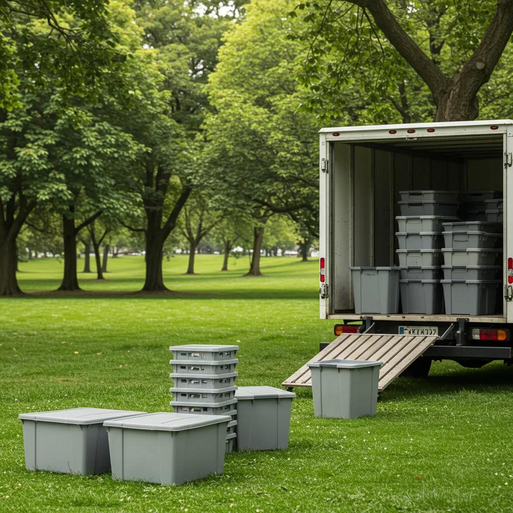 Delivery truck unloading reusable Bronko Boxes in a green park, highlighting eco-friendly moving solutions.