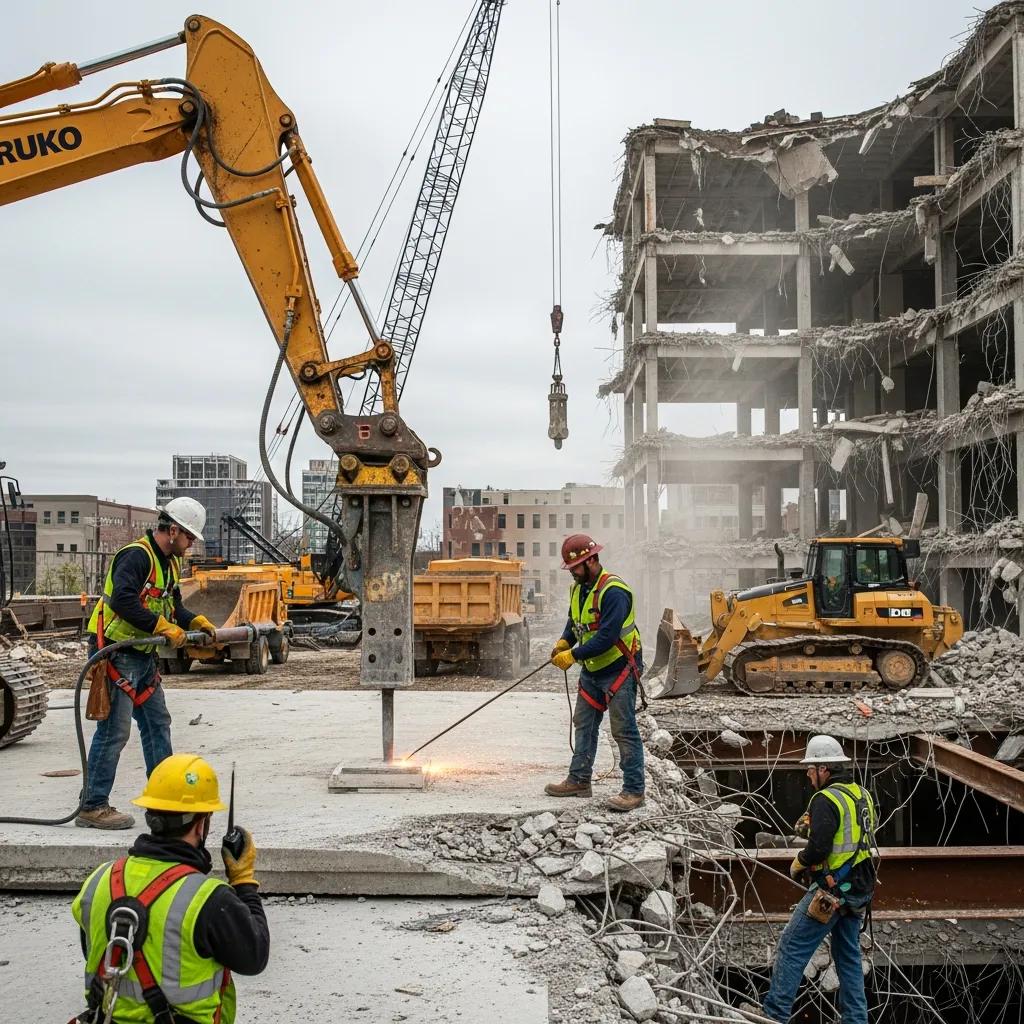 Demolition crew using equipment on a complex project, 