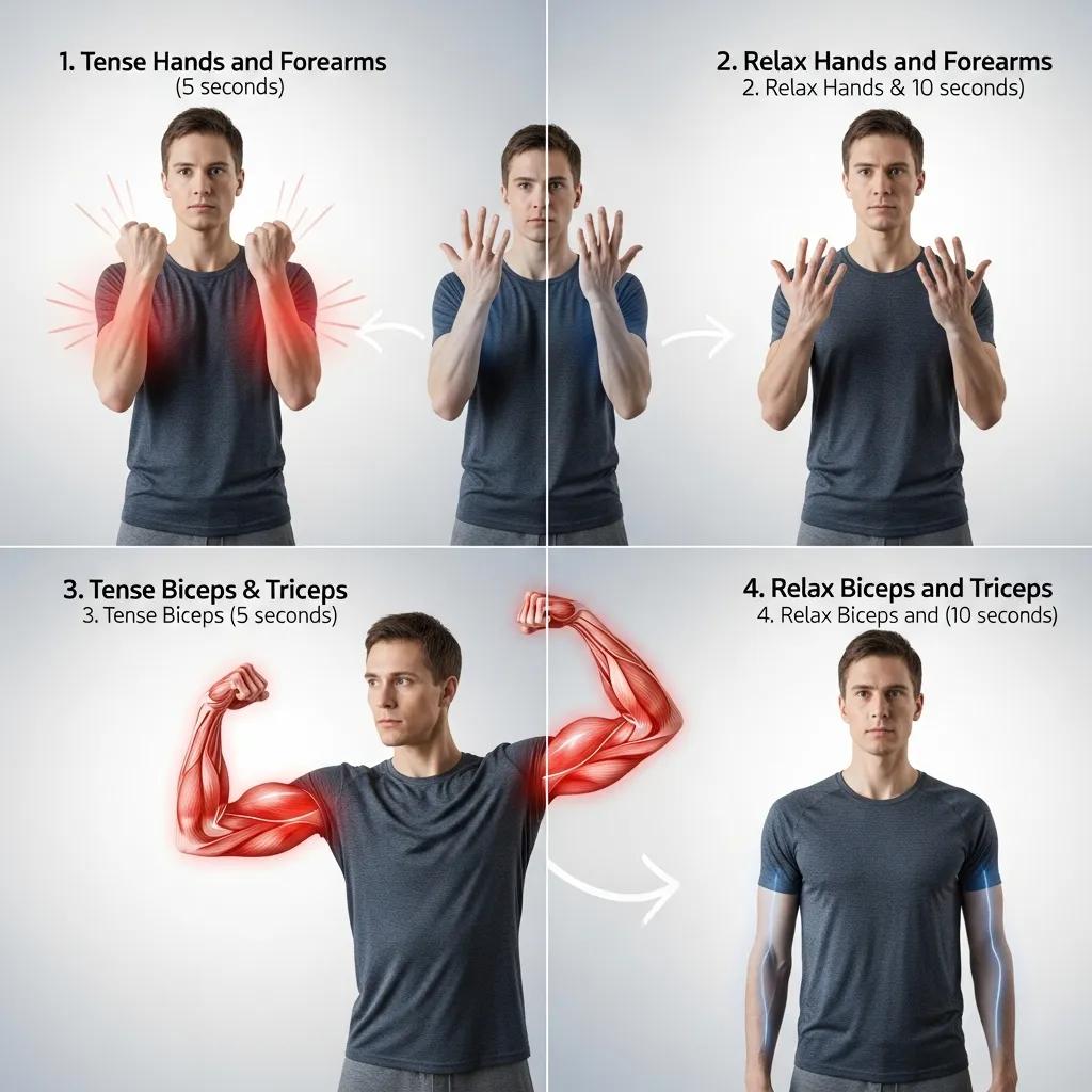 Step-by-step demonstration of progressive muscle relaxation showing the sequence of tensing and releasing muscle groups Step-by-step demonstration of progressive muscle relaxation showing the sequence of tensing and releasing muscle groups