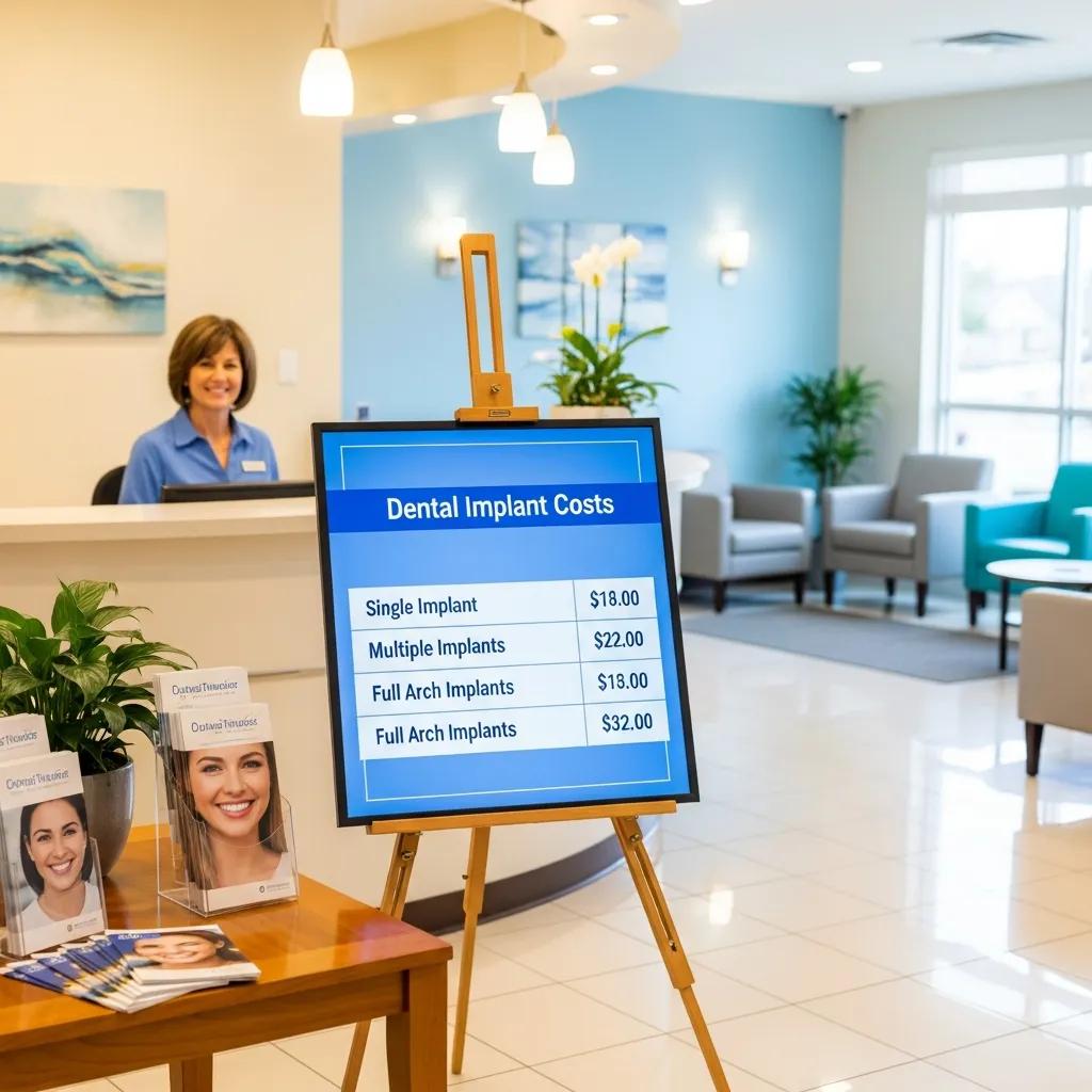 Dental office reception area with pricing information for implants