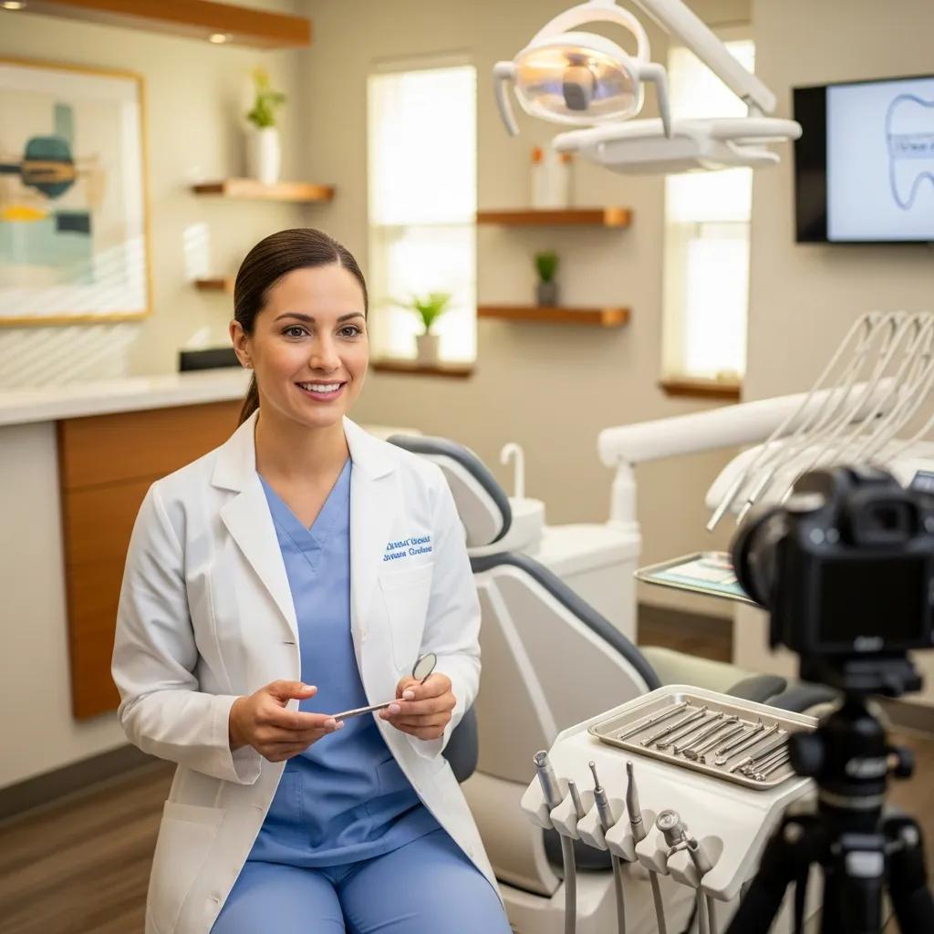 Dentist filming an educational video in a welcoming dental office