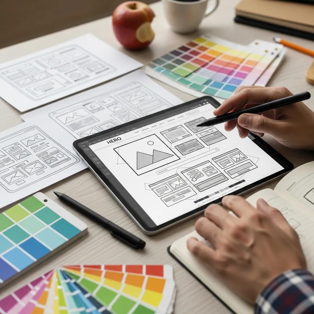Designer creating a custom website layout on a tablet, showcasing web design services