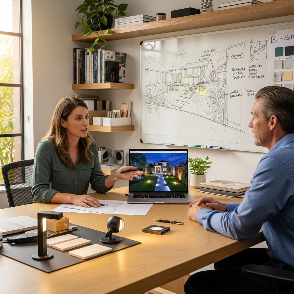 Designer discussing outdoor lighting plans with a homeowner, showcasing design sketches and samples