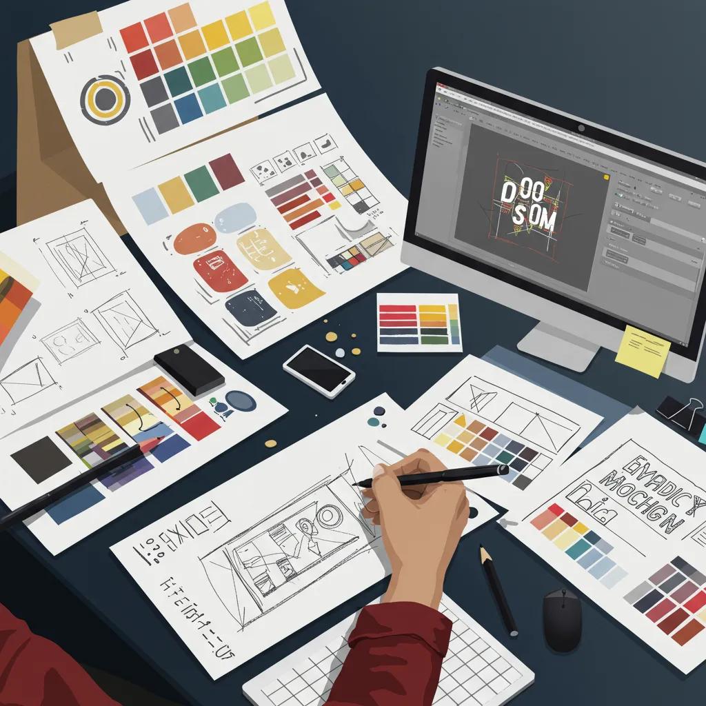 Designer sketching and creating mood boards for poster design, illustrating the design process