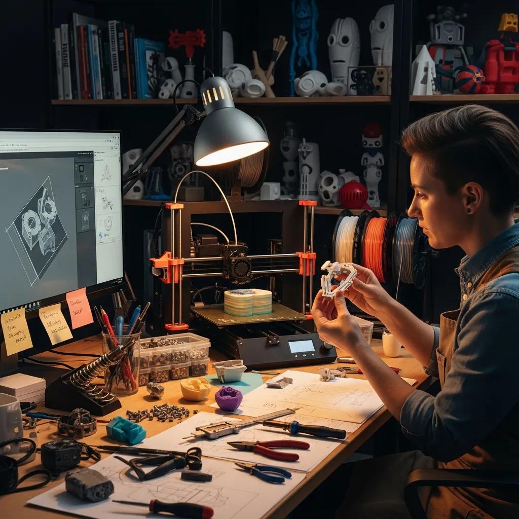 Engineer using a desktop 3D printer to create a prototype in a workshop