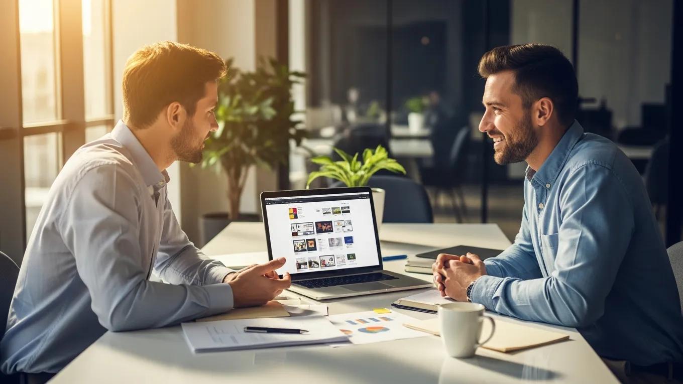 Developer and client collaborating on custom website design and project outcomes.