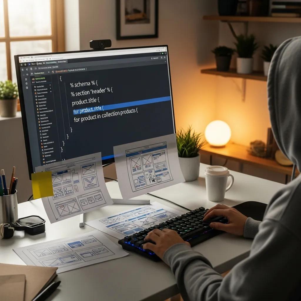 Developer writing Liquid templates on a laptop in a workspace