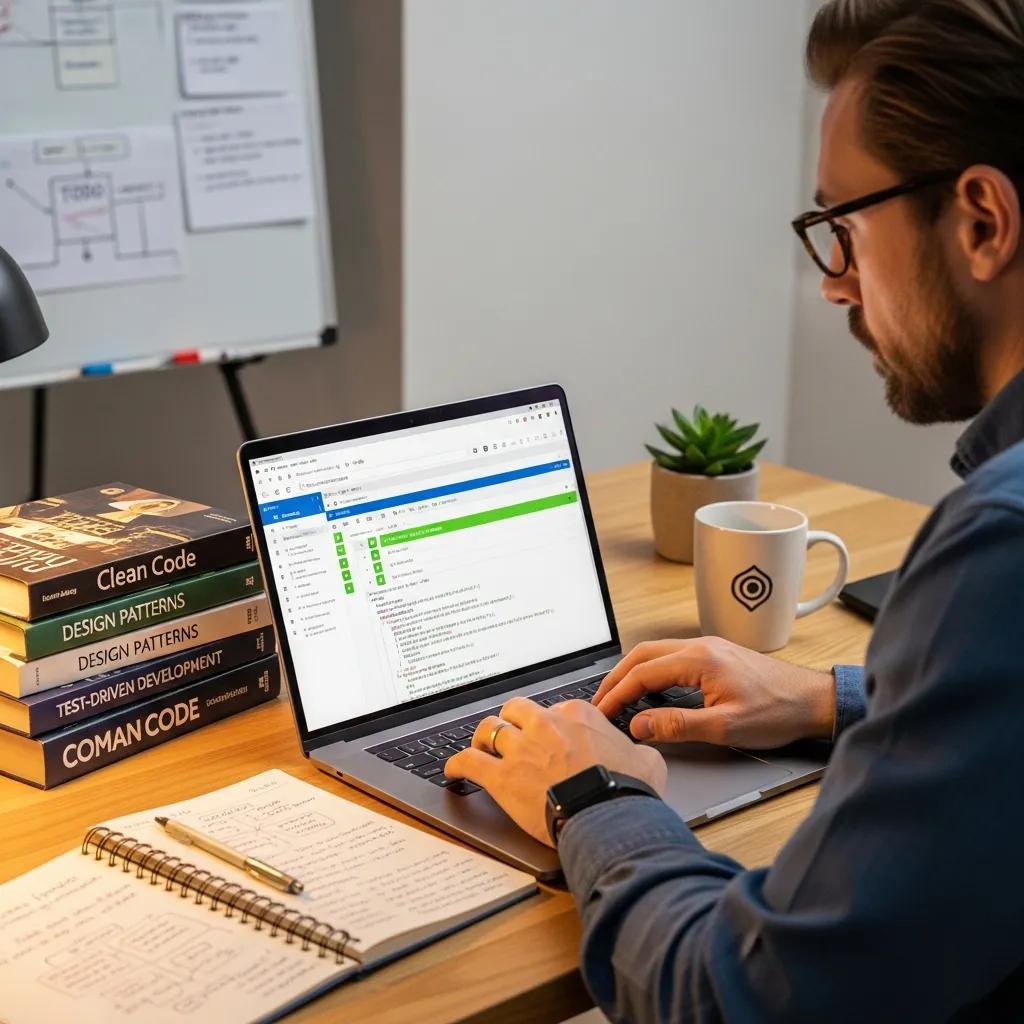 Developer writing unit tests in a well-organized workspace
