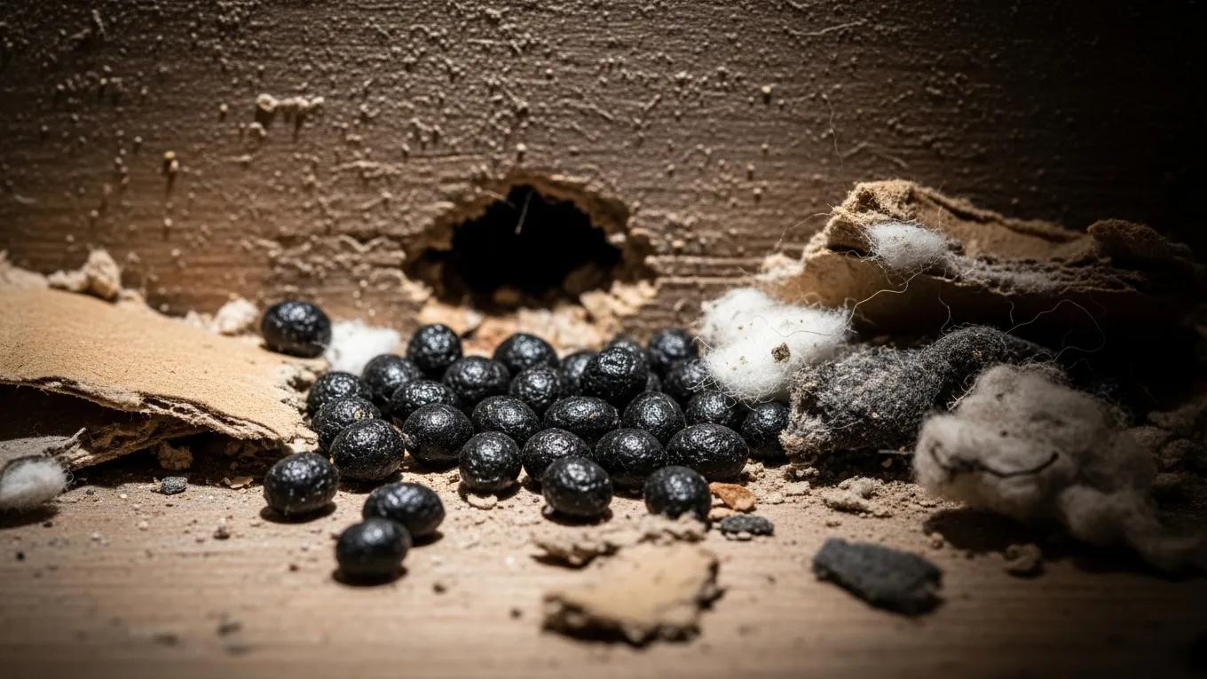 Close-up of rat droppings and nesting materials in a home, illustrating identification signs of infestation