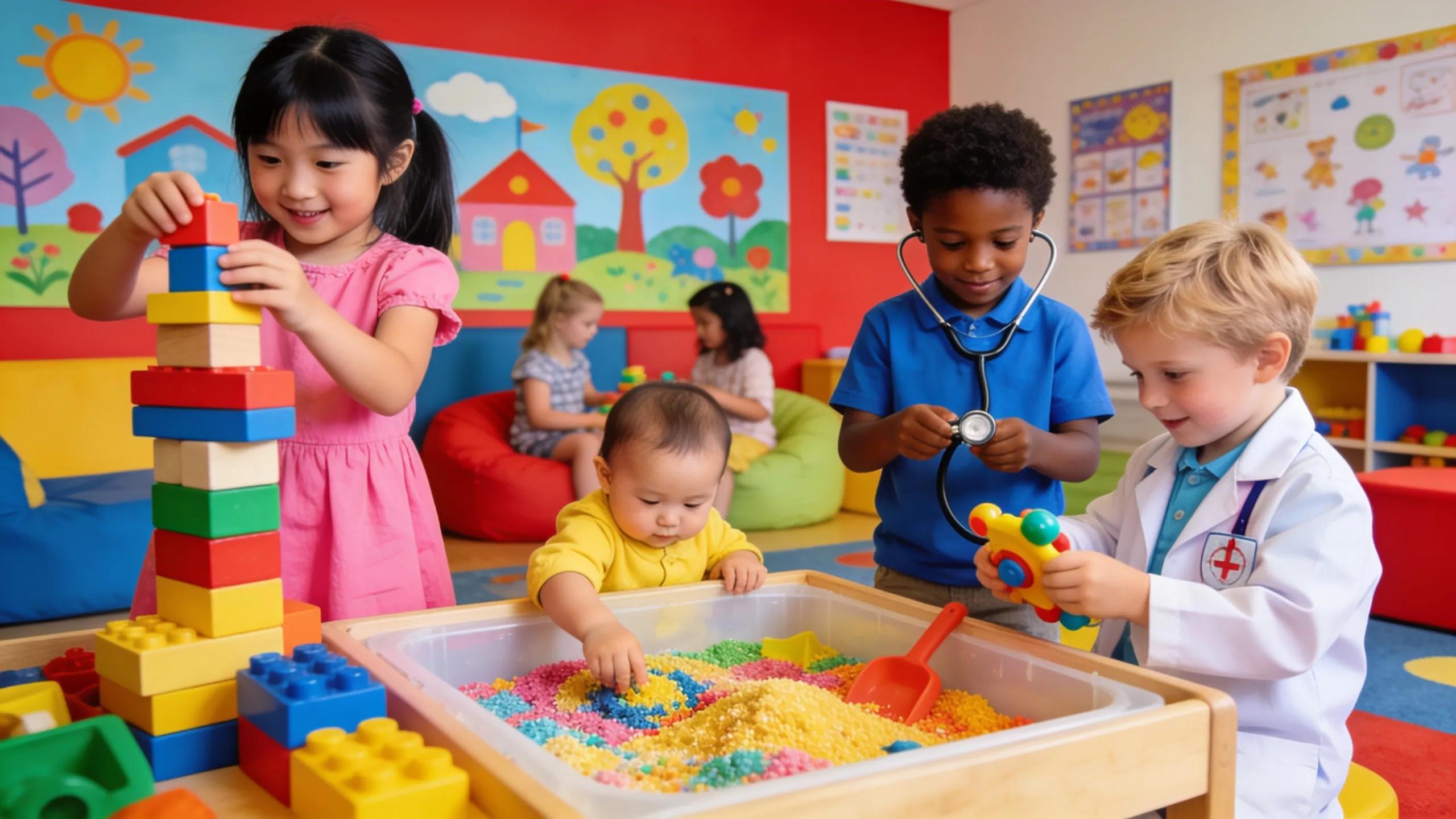 Children engaging in play-based learning activities at an early learning center Children engaging in play-based learning activities at an early learning center