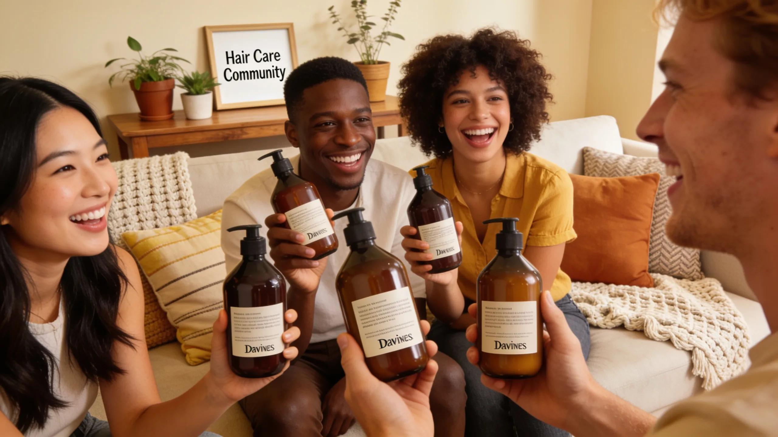 Diverse group of users discussing their positive experiences with Davines shampoo, showcasing customer satisfaction and community engagement