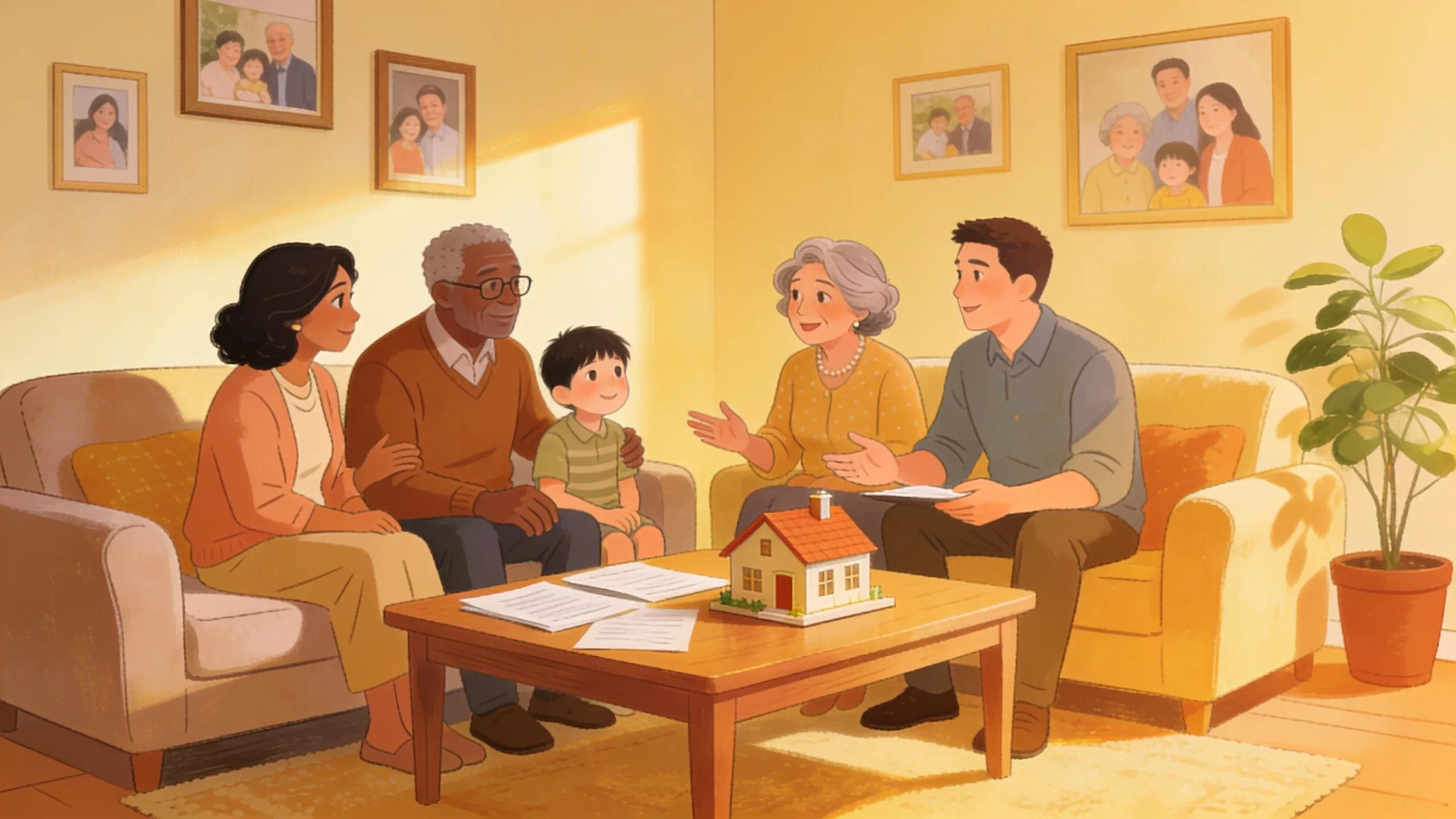 Family discussion about inherited property in a cozy living room with legal documents