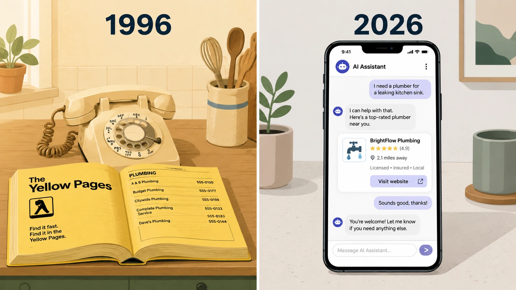 Timeline illustration comparing how homeowners found home service businesses in 1996 versus 2026