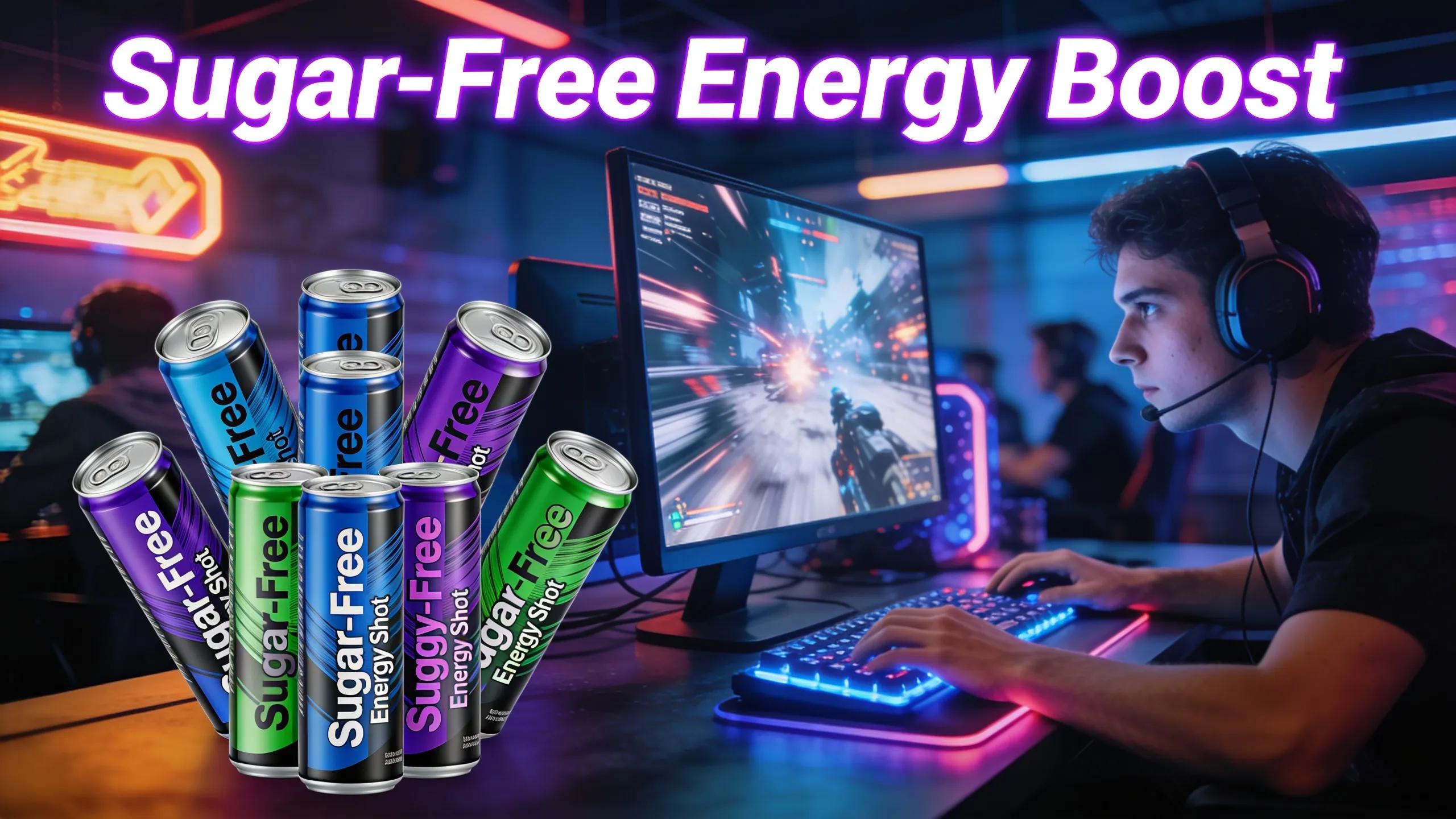Gamer surrounded by sugar-free energy shots, highlighting focus and energy in a competitive gaming environment