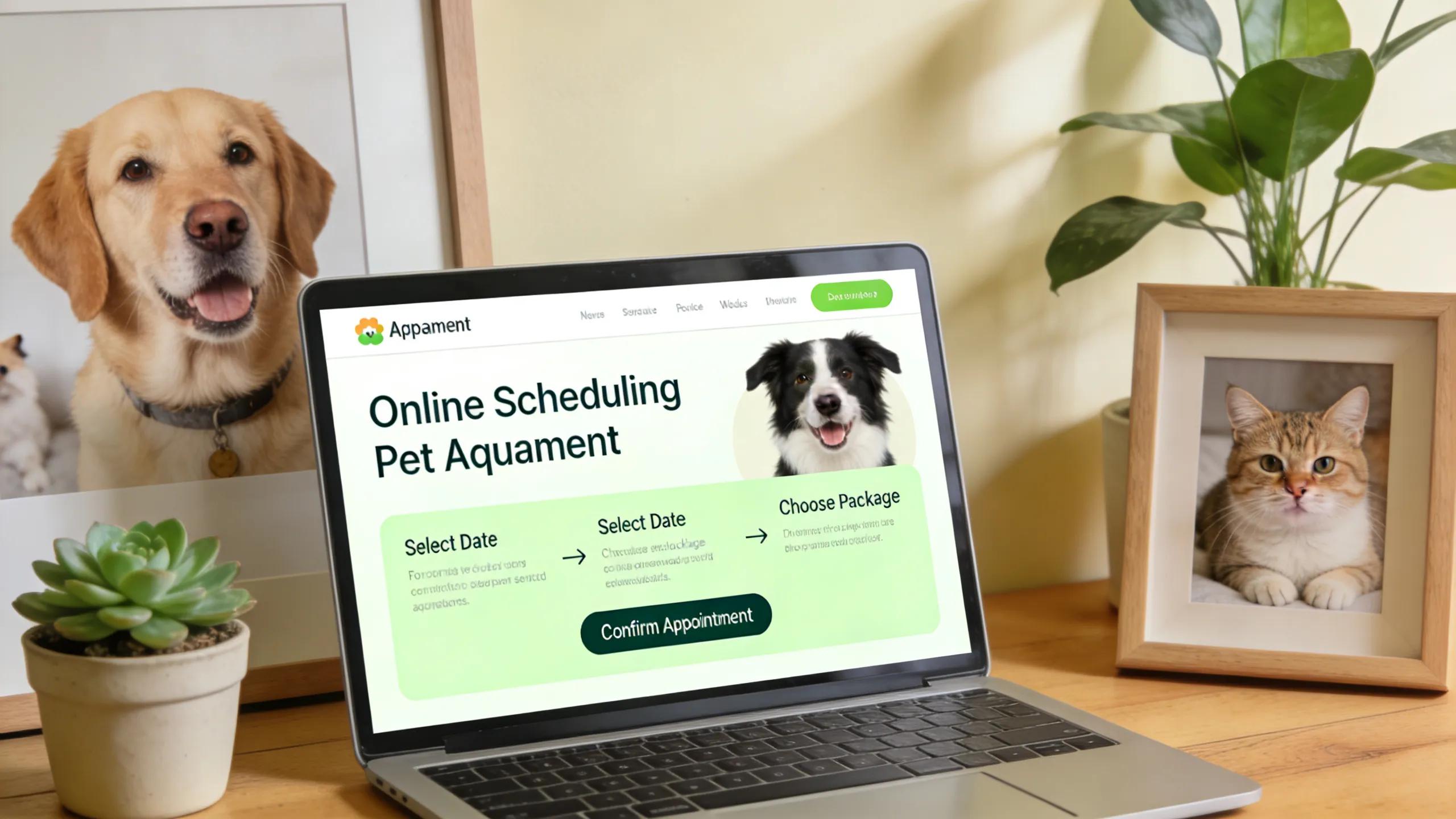 Modern laptop displaying online scheduling for pet aquamation services, reinforcing user-friendly access