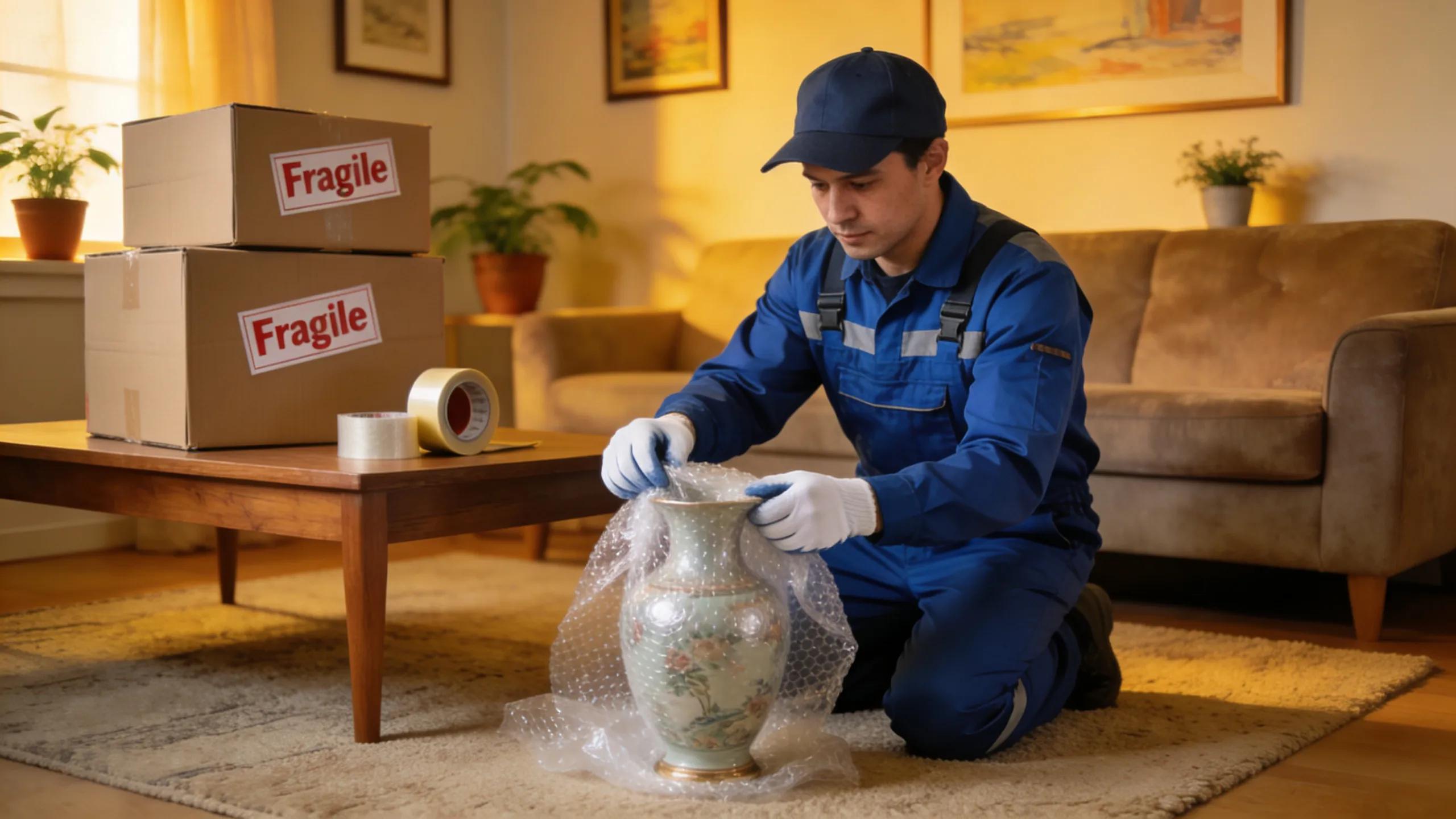 Professional mover packing fragile items safely in a cozy living room