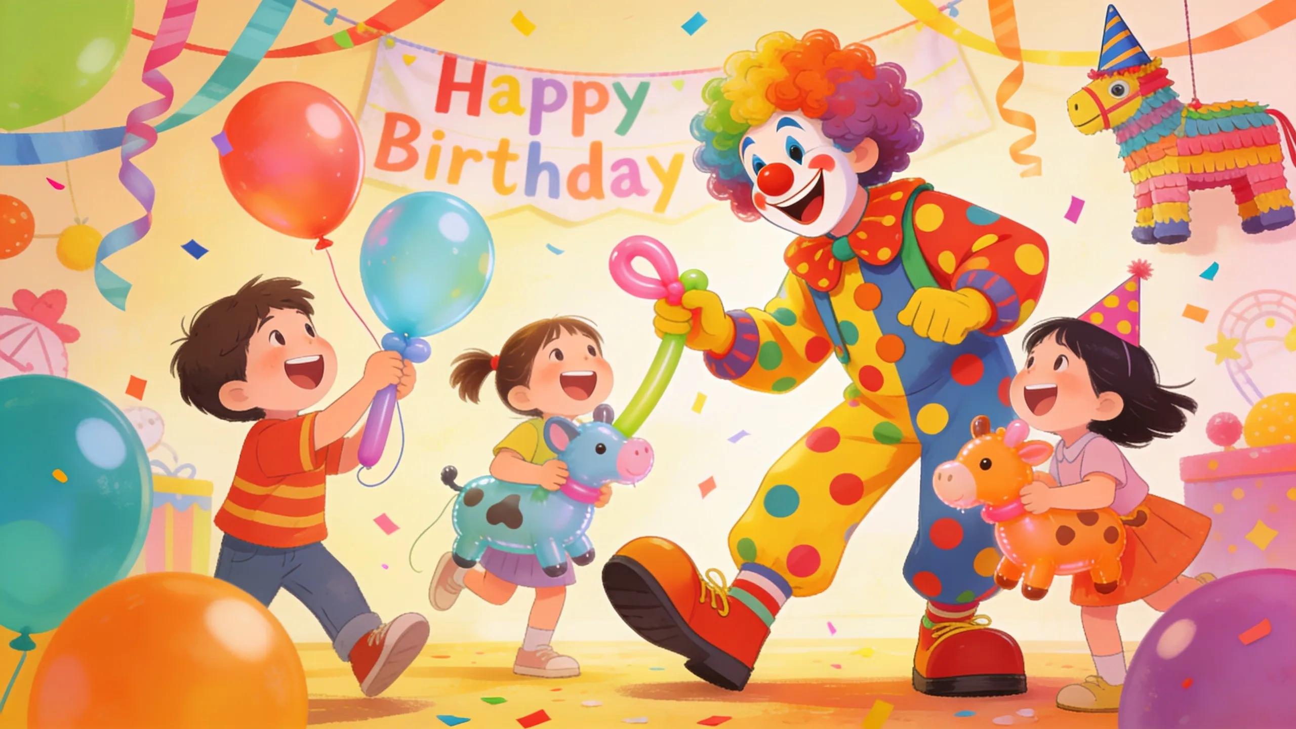 Clown entertaining children at a birthday party, showcasing laughter and joy