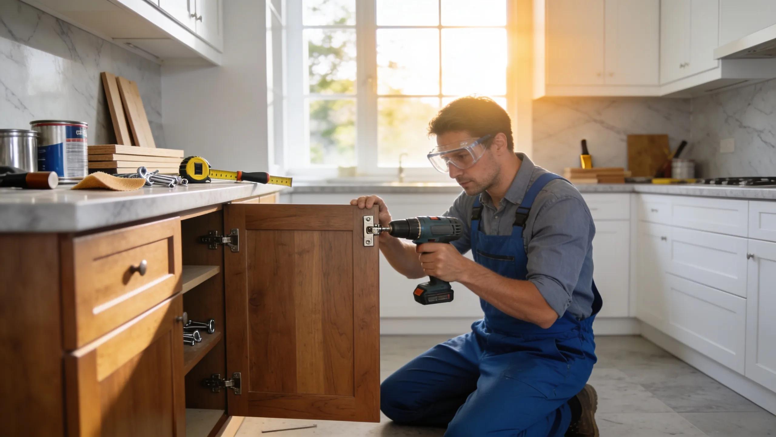 Professional kitchen remodeler installing custom cabinetry, showcasing quality craftsmanship in kitchen renovation