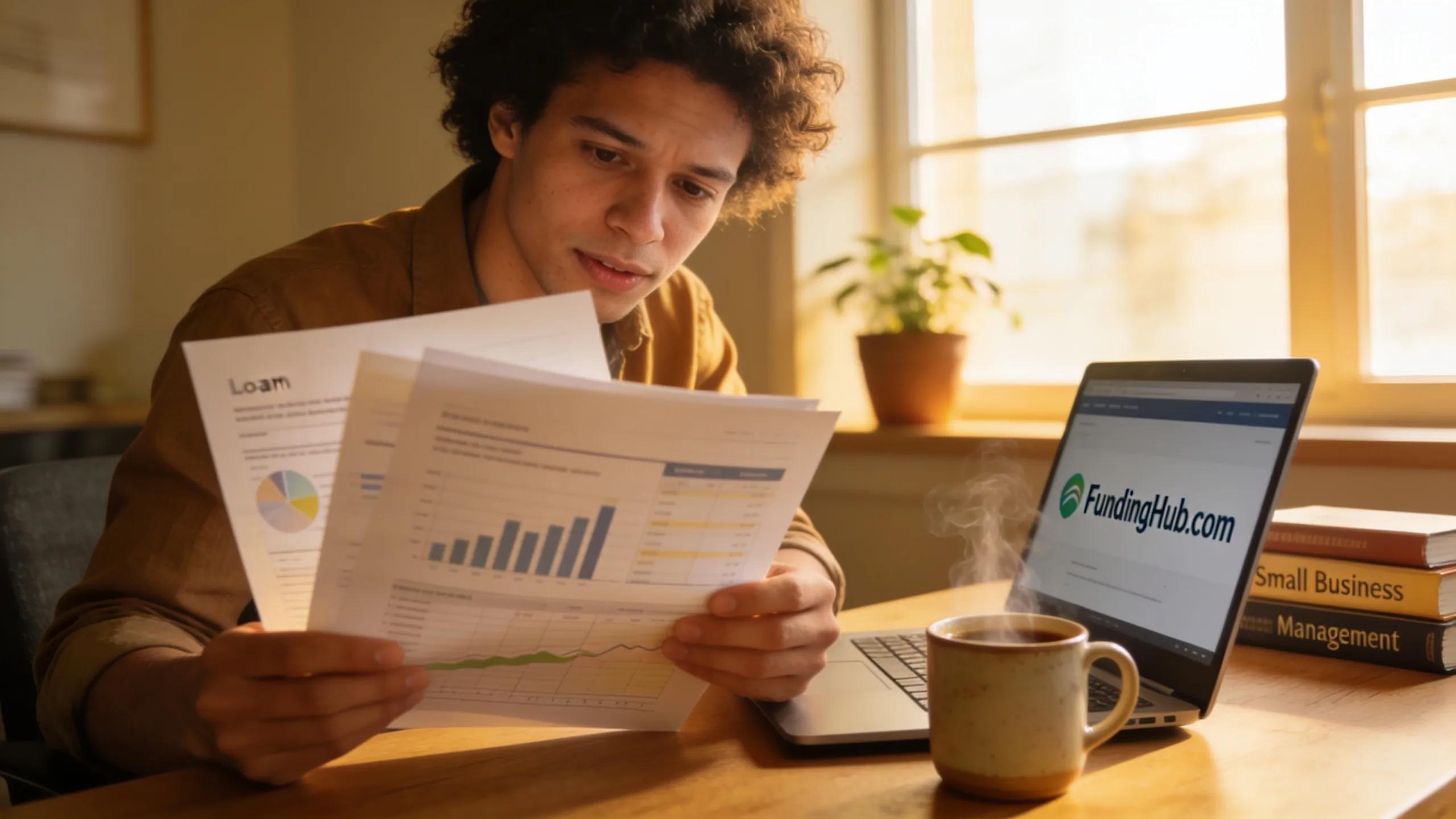 Small-business owner reviewing loan options at a desk in a cozy office