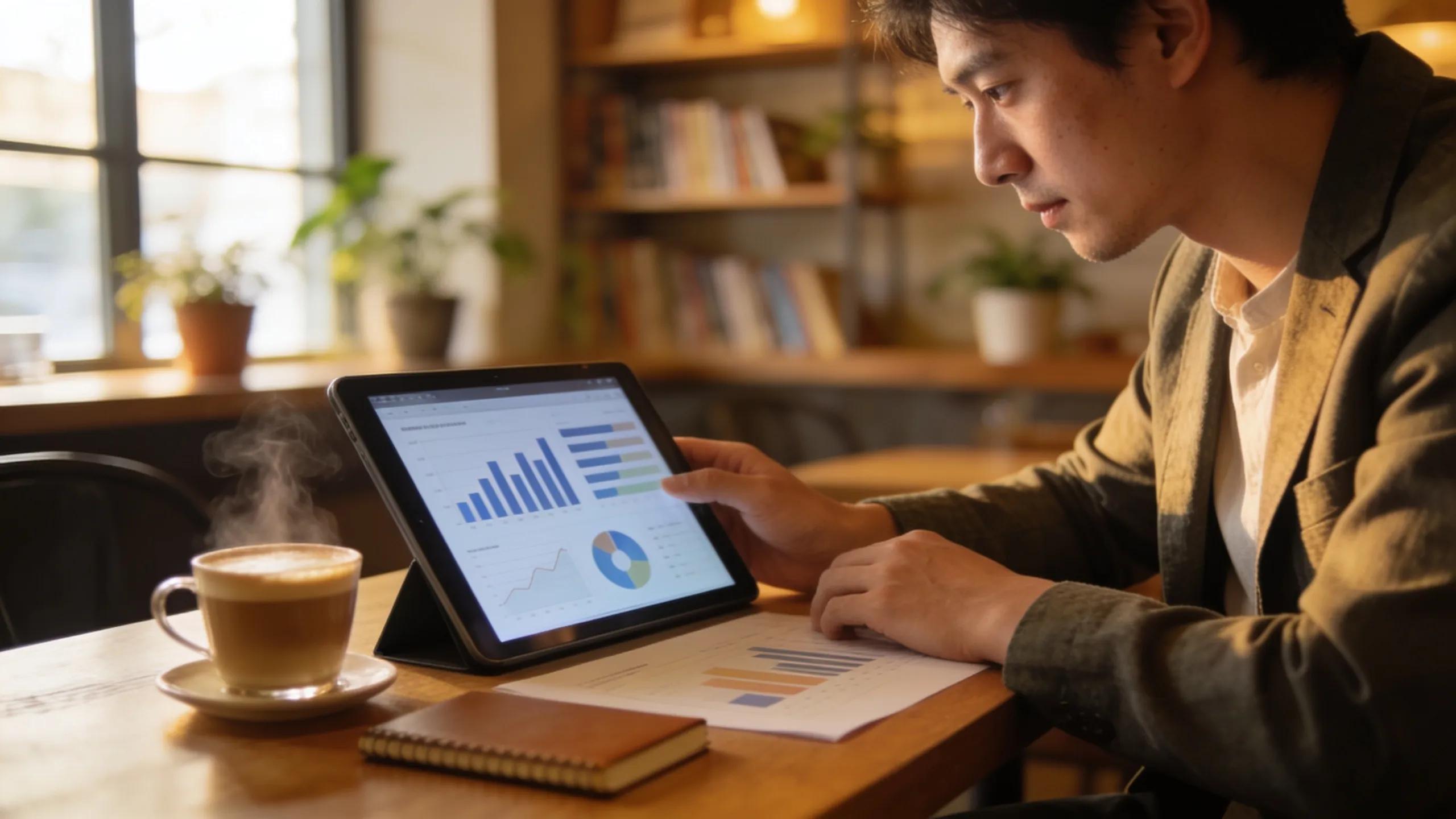 Local business owner analyzing performance reports on a tablet in a cafe Local business owner analyzing performance reports on a tablet in a cafe