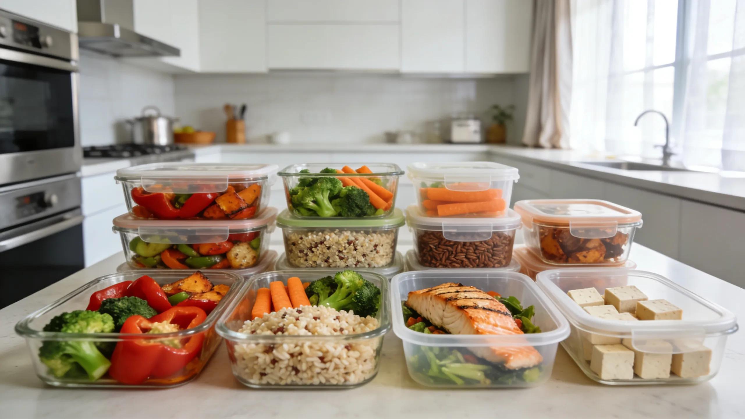 Colorful meal prep containers showcasing nutritious meals for muscle gain and fat loss