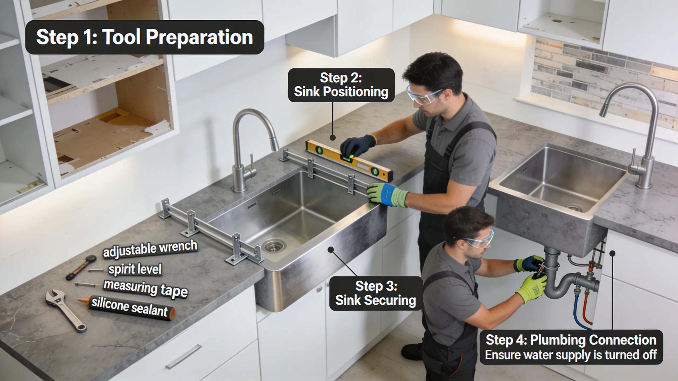 Installation process for waterfall sinks in a modern kitchen setting