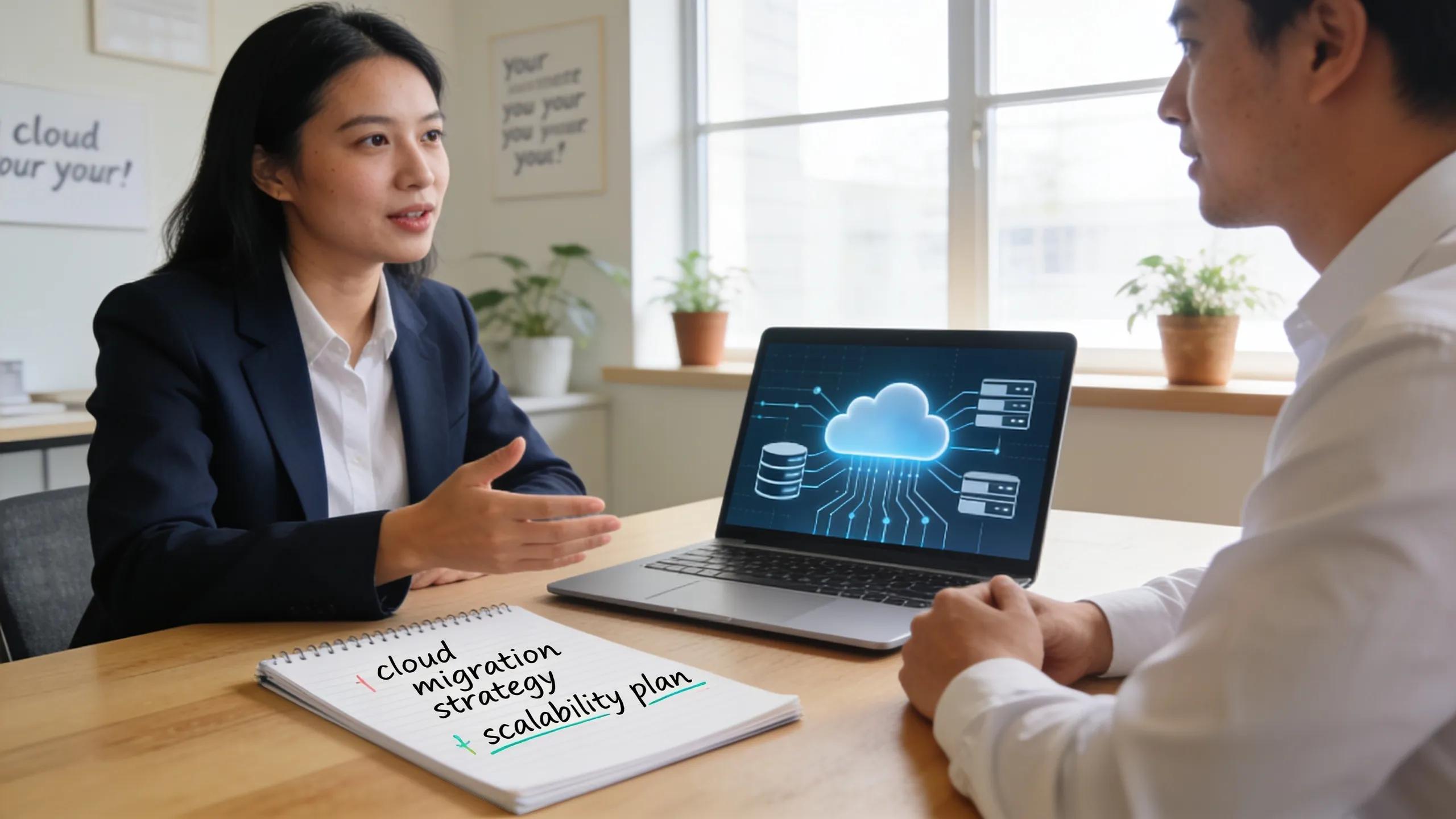 Business owner and IT consultant discussing cloud solutions in a modern office setting