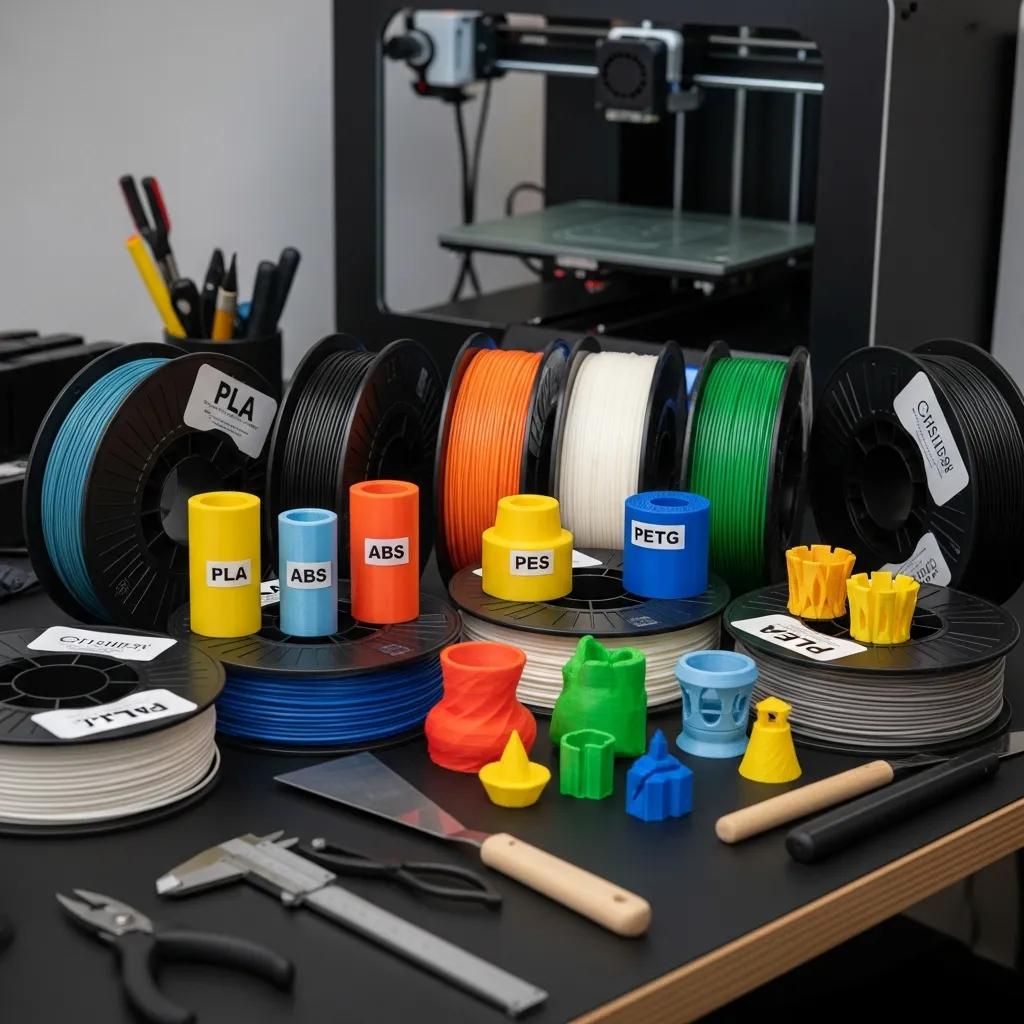 Different 3D printing materials including PLA, ABS, and PETG on a workbench
