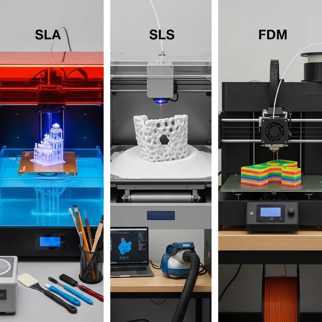 Several 3D-printed parts illustrating SLA, SLS, and FDM finishes in a workshop